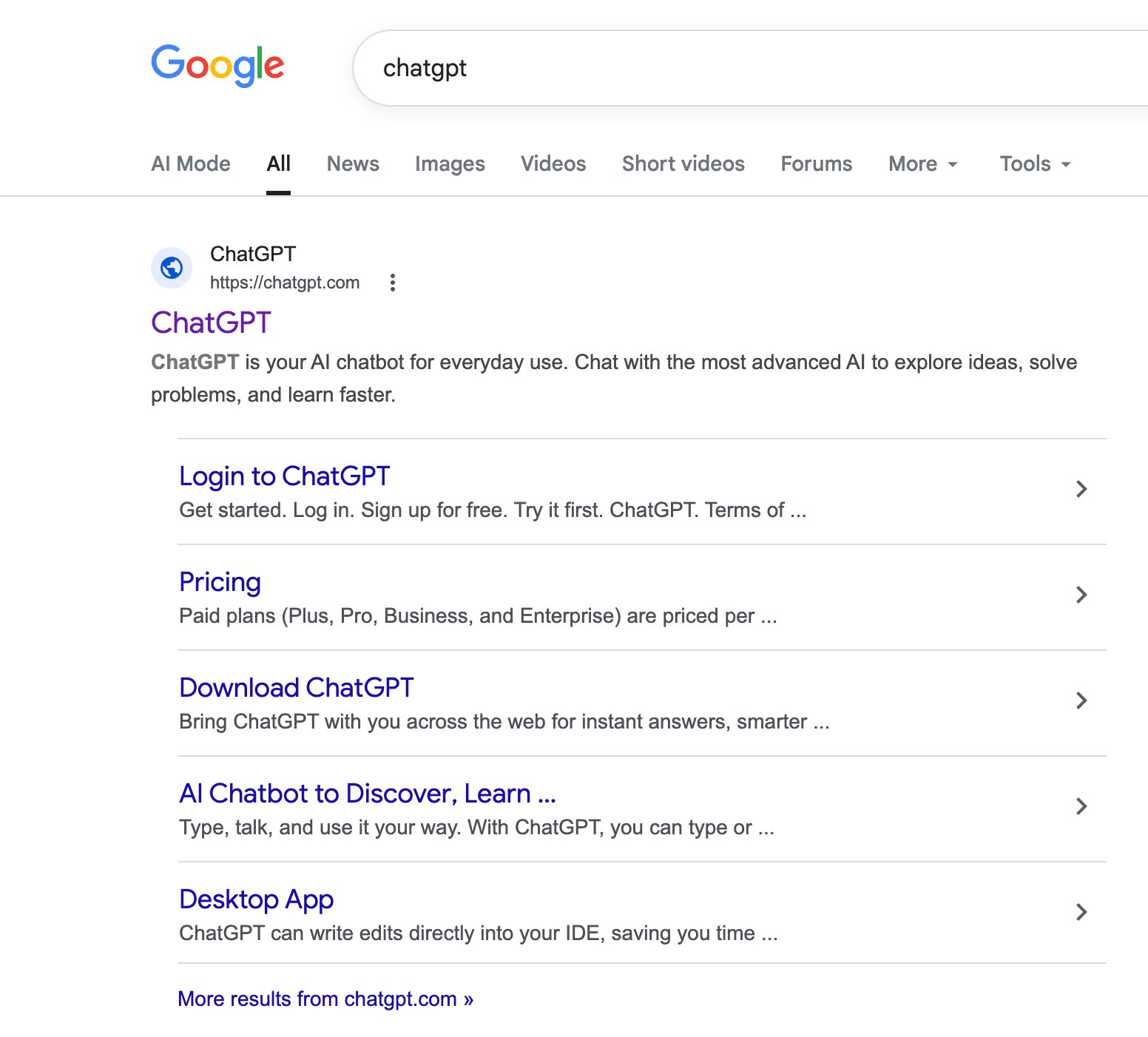 ChatGPT search result showing generic globe icon instead of OpenAI favicon