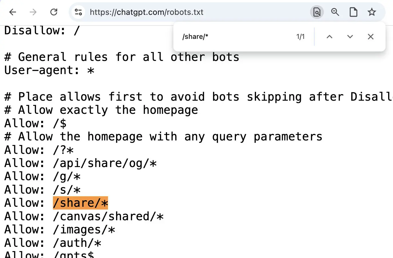 ChatGPT robots.txt showing /share/* is still allowed
