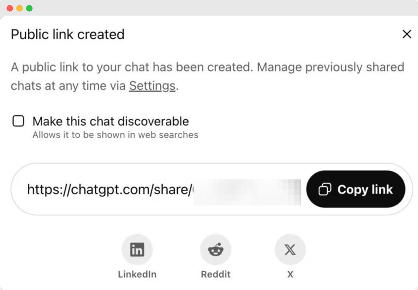 ChatGPT share dialog with discoverable checkbox