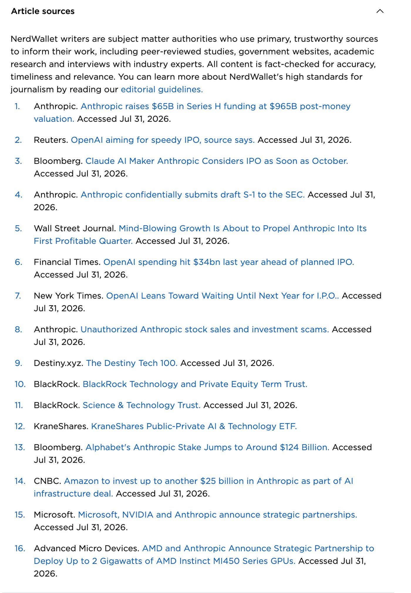 The full Article sources block from a NerdWallet news piece: 16 numbered citations under a statement of sourcing standards