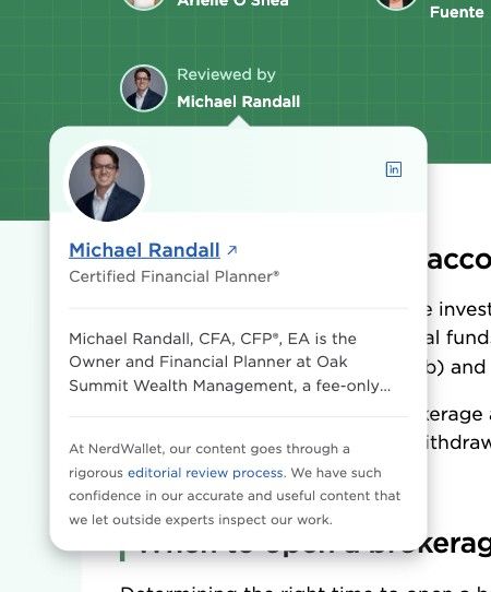 The reviewer card. Credentials, his own firm, and a line stating that NerdWallet lets outside experts inspect its work
