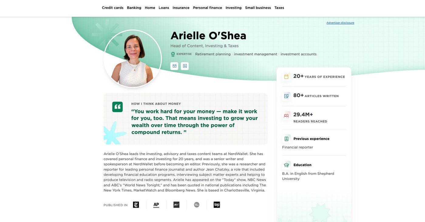 The author page: expertise, years of experience, articles written, readers reached, education, and the publications that have run her work
