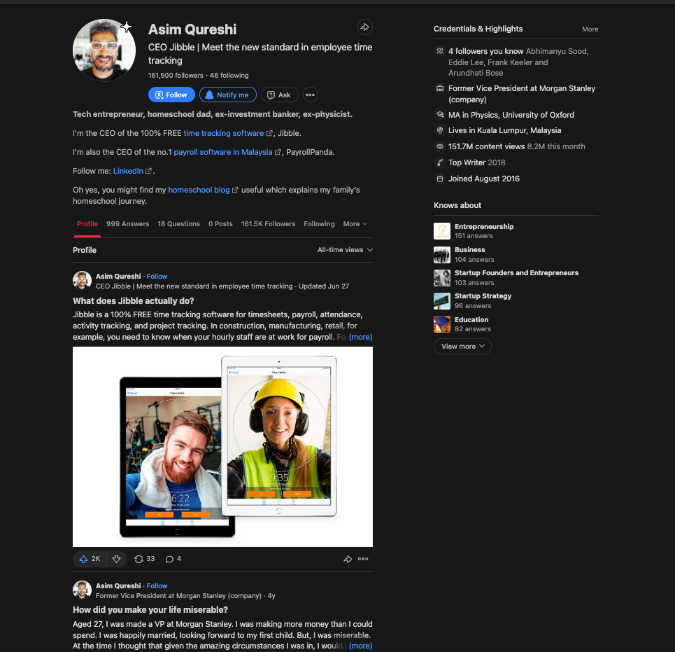 Example of a well-optimized Quora profile