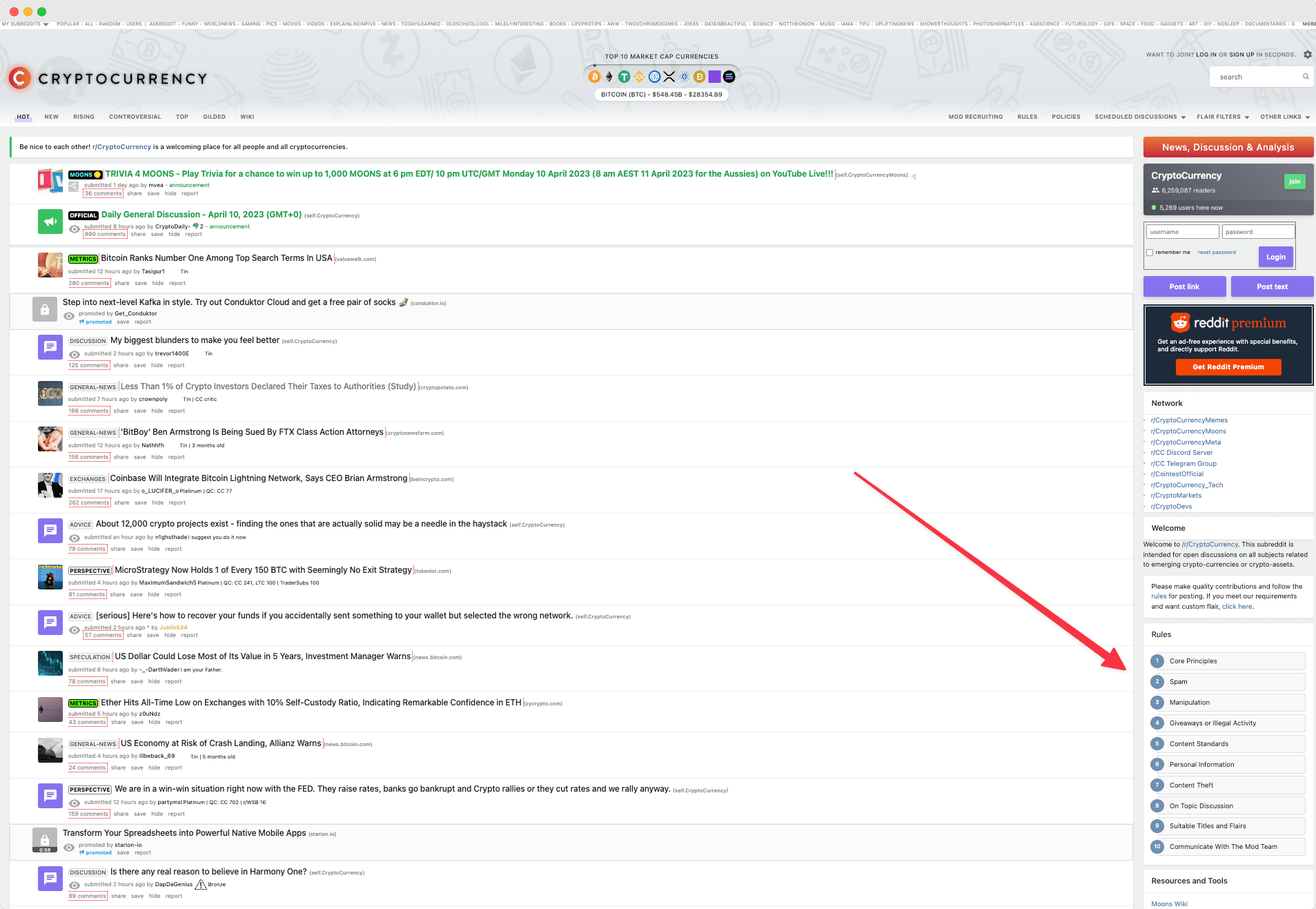 Reddit subreddit rules sidebar showing where to find community rules - example from r/CryptoCurrency
